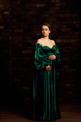 Fototapeta premium Full-length portraits of a girl in a green dress against a brown brick wall