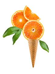 Ice cream cones with slices orange fruits, isolated on white background