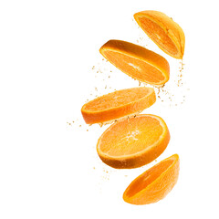 Orange fruit sliced with juice drops, isolated on white background.