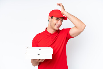 Pizza delivery caucasian man with work uniform picking up pizza boxes isolated on white background has realized something and intending the solution