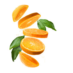 Orange fruit sliced with leaves and juice drops, isolated on white background. - 567785466