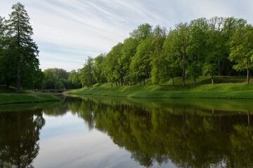 Fototapeta na wymiar Karpin pond in Gatchinsky Park on a sunny summer day, Gatchina, Leningrad region, Russia