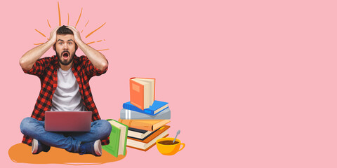 Photo of displeased tired stressed bored man in casual sitting on floor and propping his head with hand while using laptop isolated over pink background. Vector illustration collage.