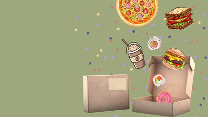 Box with food delivery isolated over green background. Trend vector illustration collage. Takeaway...