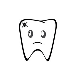 Cartoon tooth with a focus of caries and a sad face. Vector illustration