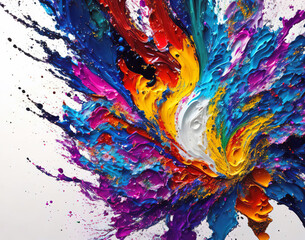 Abstract thick paint drop art wallpaper background with multi-colored spiral splat pattern. Palette of primary colors. Generative AI illustration.