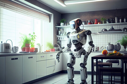 Robot chef cooking in kitchen of future home genius, smart robot working in modern house