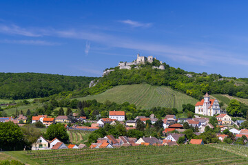 Falkenstein ruins and town with vineyard, Lower Austria, Austria