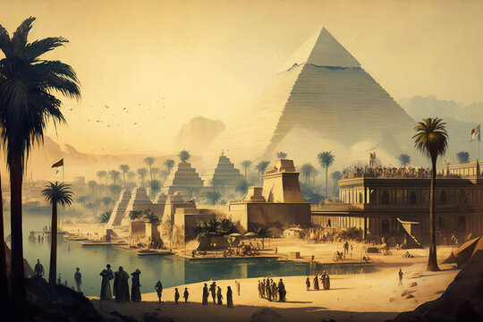 Ancient egypt civilization, people and workers building pyramids. Historic event, monument by nile river. Generative AI.