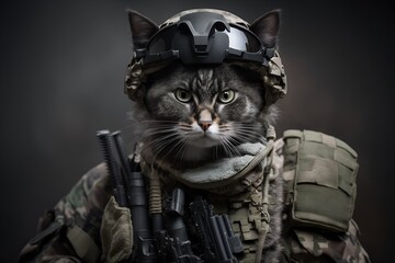 Obraz na płótnie Canvas Portrait of a cat dressed as a military soldier, generative ai