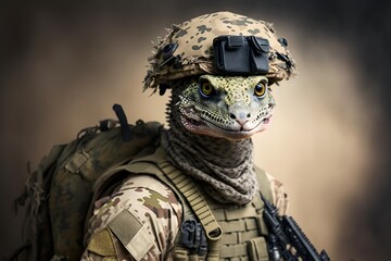 Portrait of a leopard gecko dressed as a military soldier, generative ai