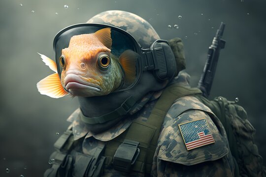 Portrait of a gold fish dressed as a soldier, generative ai