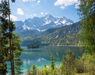 pictorial bavarian alpine landscape, view to lake Eibsee and Zugspitze mountain