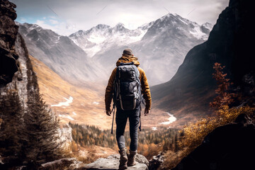 Fototapeta na wymiar Man up on a mountain at sunny day - Traveler with backpack hiking nature - Motivational picture, sport lifestyle and successful concept. Generative AI.