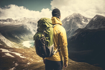Man up on a mountain at sunny day - Traveler with backpack hiking nature - Motivational picture, sport lifestyle and successful concept. Generative AI.