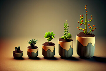 Small plants in growing graph-like pots