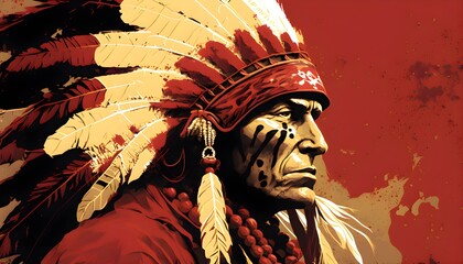 Obraz premium Portrait - closeup of an Old Man Wearing a Warbonnet - red, white and gold colors
