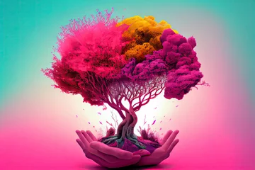 Foto op Canvas Surreal pink landscape with hands holding a colorful tree © surassawadee