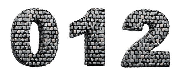 0, 1, 2, numbers, Stone. 3d render. Stone floor alphabet. Path save.