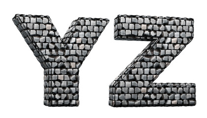 y, z, Stone letters. 3d render. Stone floor alphabet. Path save.