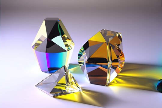  A Group Of Three Crystal Pieces Sitting On Top Of A White Table Top Next To A Shiny Metal Object On A White Table Top With A White Background.  Generative Ai