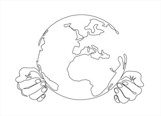 Single continuous line of hands holding  the globe. Earth globe in human hands.