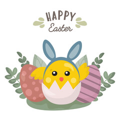 Obraz na płótnie Canvas Easter card, cute cartoon characters chicken with bunny ears. Vector graphic. Happy Easter day cards. For Easter decoration, printing, web page. Cute amazing spring design.