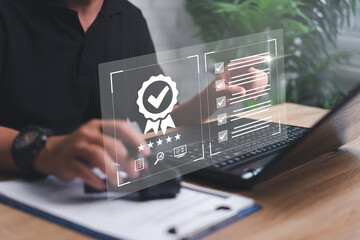 Customer Satisfaction Guarantee concept on virtual screens, Employees check the conditions of...
