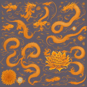Japanese traditional colorful elements set with dragon samurai katanas torii gate koi fish snakes sea waves chrysanthemum and sakura flowers isolated vector illustration - generative ai
