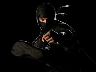 Kicking Ninja. Traditional ninja style. 3D illustration. © pictosmith