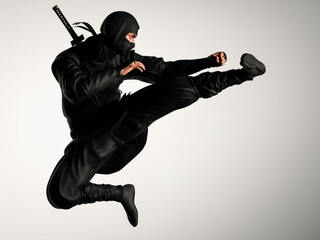 A ninja doing a flying kick. Traditional ninja style. 3D illustration. - obrazy, fototapety, plakaty