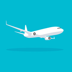 Flying plane in the sky. Airplane illustration in trendy flat style isolated on blue background. International transportation.