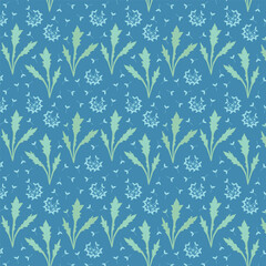 Blue background with dandelion leaves and blow balls. Decorative seamless pattern for wrapping paper, wallpaper, textile, greeting cards and invitations.