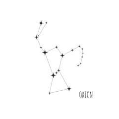 Simple constellation scheme Orion, Big Dipper. Doodle, sketch, drawn style,  linear icons of all 88 constellations. Isolated on white background