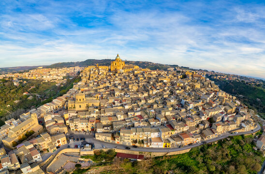 Aerial view of cityscape with cathedral, Piazza Armerina, Enna, Sicily, Italy