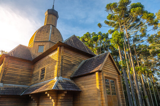 Wooden orthodox ukrainian church in Curitiba, capital of Parana state, Brazil