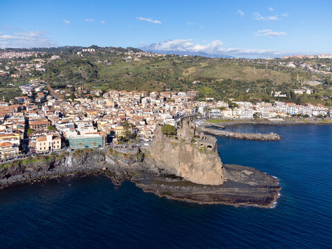 Aerial view of the Norman Castle at Aci Castello, Catania, Sicily, Italy