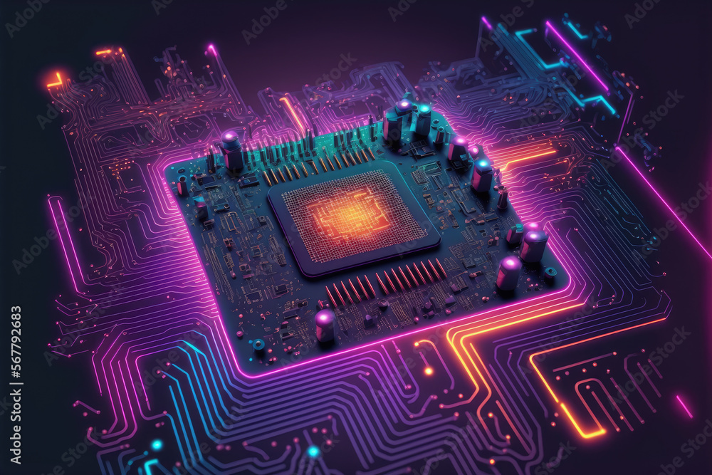 Aufkleber computer microchip semiconductor on motherboard futuristic cyber neon lighting. peculiar ai generati