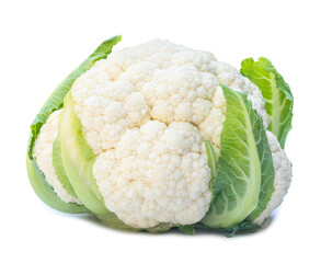 Close up of single fresh ripe white cauliflower head with some green leaves isolated on white background with clipping path and shadow in png file format, Organic vegetable, Concept of healthy eating