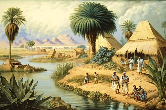 Ancient egypt civilization, ancient egyptian peasants harvest on the Nile bank. generative AI.