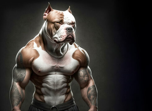 American Pit Bull Terrier dog, muscular ripped and shredded. A bulldog that has visible muscle definition and tattoos.  Generative image of a dogs head on a humans body.  Digital art. 