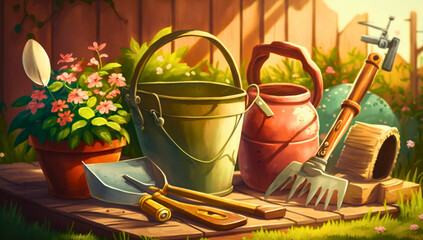 Gardener's Tool Set And Flowerpots In Garden, Created with generative Ai Technology