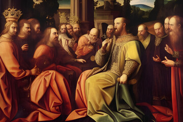 group of people with kiing,renaissance painting style.Generative IA
