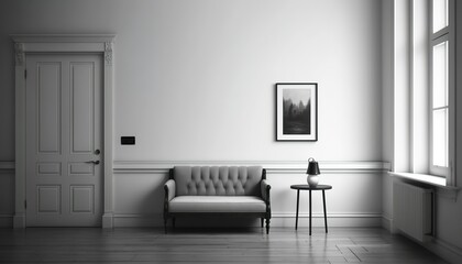 interior of a minimalistic living room, black and white, illustration