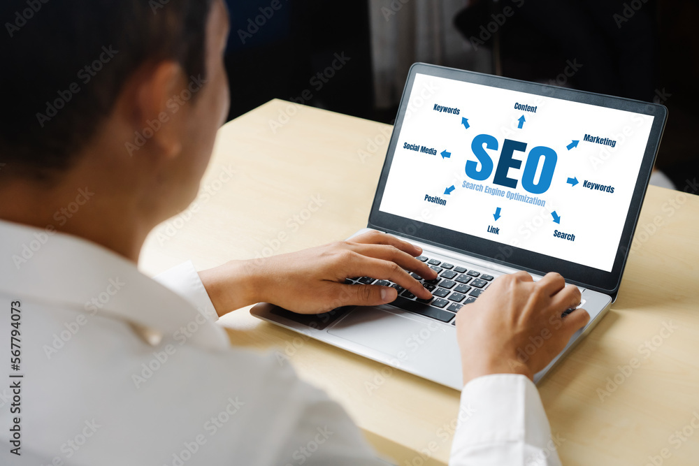 Poster seo search engine optimization for modish e-commerce and online retail business showing on computer 