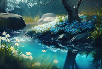 beautiful natural landscape , water way with blue flowers bush, idea for spring season greeting background wallpaper or conceptual art, Generative Ai - obrazy, fototapety, plakaty