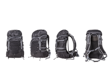 Black travel backpack with transparent background