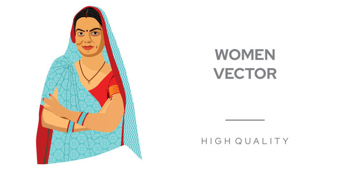Illustration of an Indian rural woman wearing a saree in the green field, rural women vector, women logo design, women in village design
