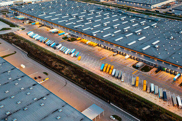Aerial view of semi trailers with cargo trailers parked near logistics warehouses