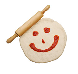 Pizza dough and wooden roller isolated on transparent layered background.